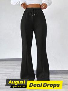 Women's Solid Drawstring Waist Flare Leg Pants, Casual Comfy High Waist   Elastic Waist Bell Bottom Trousers for Fall & Winter, Women's Bottoms for Daily Wear