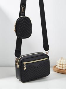 Summer New Style V-shaped Quilted Trendy Shoulder Bag and Small Wallet Set for Women, Trendy Minimalist Purse, Crossbody Bag, Plain Color Zipper Square Affordable Bag, with Adjustable Strap for Work, Shopping, Stylish Crossbody Bags