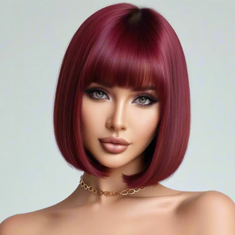 Women's Elegant Burgundy Bob Wig with Bangs - 150% Density Heat Resistant Synthetic Fiber, Suitable for Role Playing & Daily Wea 3