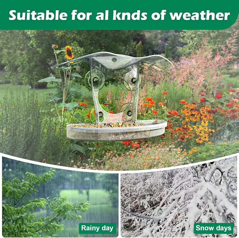 Window Bird Feeders with Detachable Seed Tray for Small Birds, Acrylic Clear Bird Feeders with Drainage Holes for Gardening Gifts, 4 Extra Strong Suction Cups 4