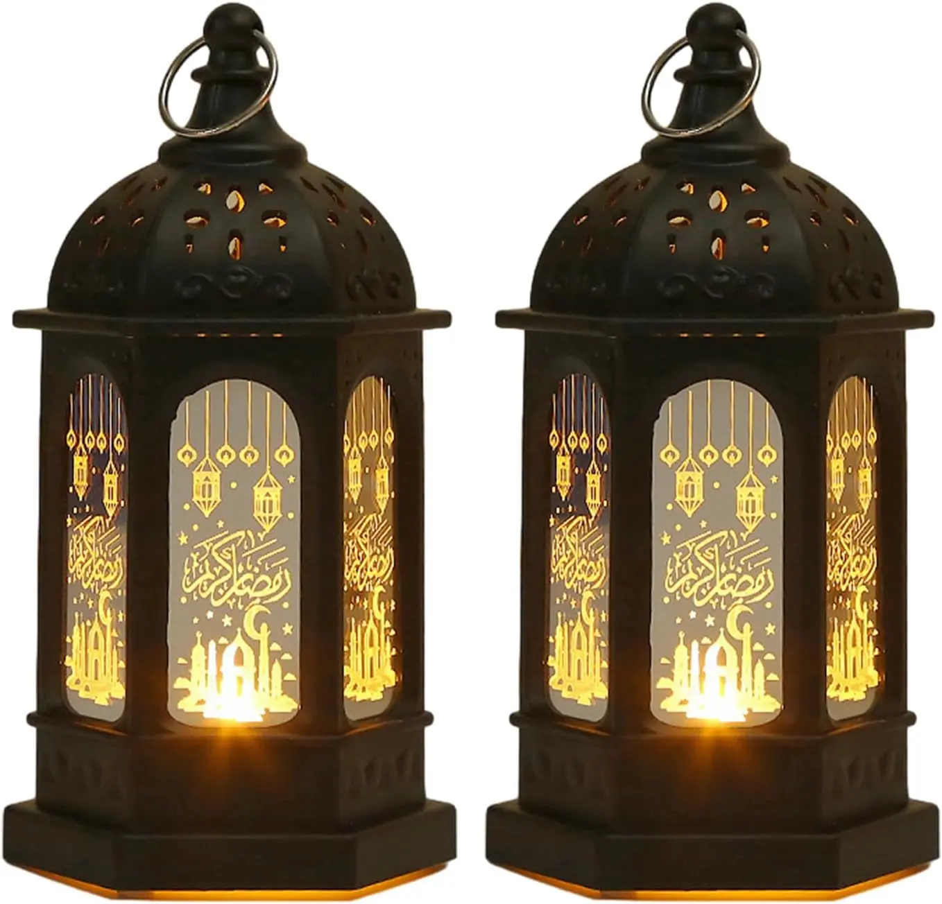 2 Pieces Ramadan Lantern Decoration Eid Mubarak Lantern Vintage Candle Lantern Ramadan Lamp Hanging Lantern LED Candle Black Decorative Candle Lanterns for Home Table Wedding Party