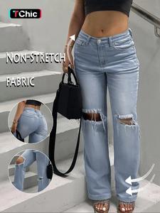Women's Plain Ripped Button Fly Denim Jeans, Fashion Casual Drop Waist Straight Leg Jeans for Daily Wear, Ladies Bottoms for All Seasons