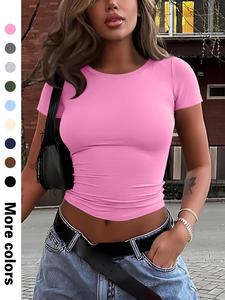 Women's Slim-Fit Short Sleeve Crop Top, Casual Plain Design, Perfect for Daily Wear & Outdoor Activities, All Seasons Fashion