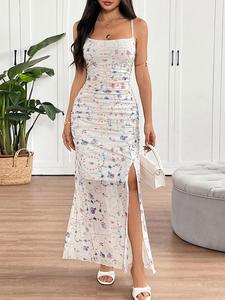 Women's All Over Print Slim Cami Dress, Elegant Sleeveless Split Hem Spaghetti Strap Long Dress for Party Holiday Wedding Guest, Ladies Clothes for Summer, Womenswear