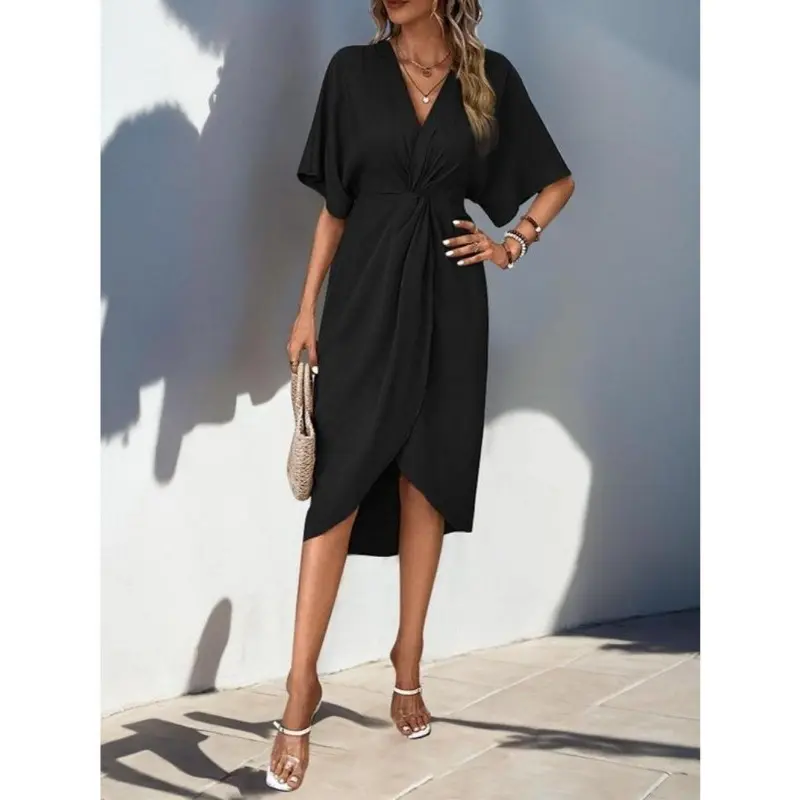 Women's Plain Twist Ruched Half Sleeve Dress, Elegant V Neck Knee Length Dress for Party Holiday Wedding Guest, Ladies Spring Clothes 8