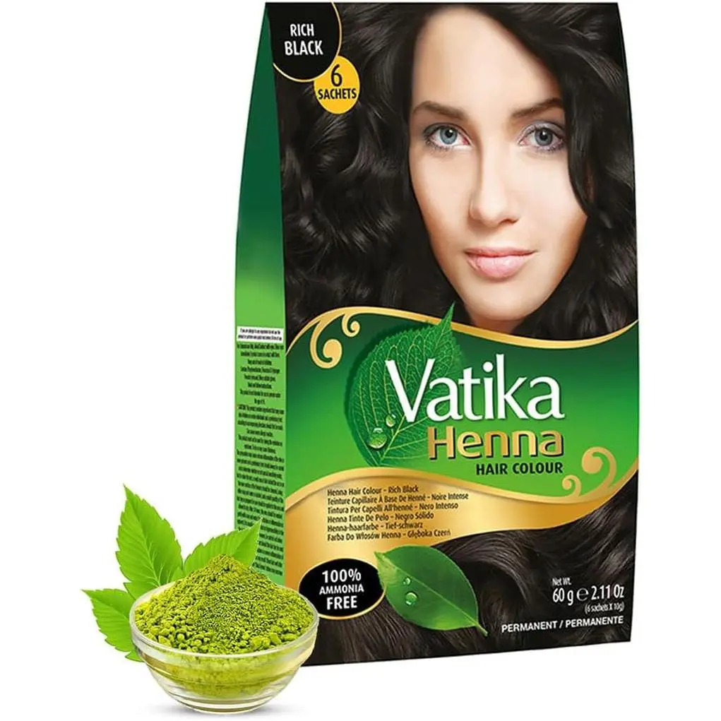 Vatika Henna Rich Black Hair Colour - 60G (6 X 10G Sachets), Natural & Nourishing Hair Dye, 100% Ammonia Free, for Vibrant Color, Shine, & Coverage Haircare Gentle