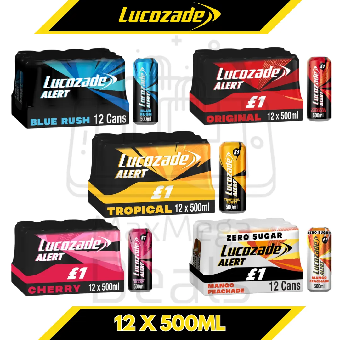 Lucozade Alert Energy Drink (500ML X 12) – High Caffeine Energy Drink, Available in Blue Rush, Original, Cherry, Tropical & Mango Peachade Flavours