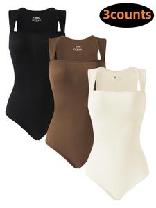 Women's Solid Square Neck Shapewear Bodysuit, High Stretch Seamless Bodysuit, Tummy Control Butt Lifter, Ladies Shapewear for All Seasons, Womenswear