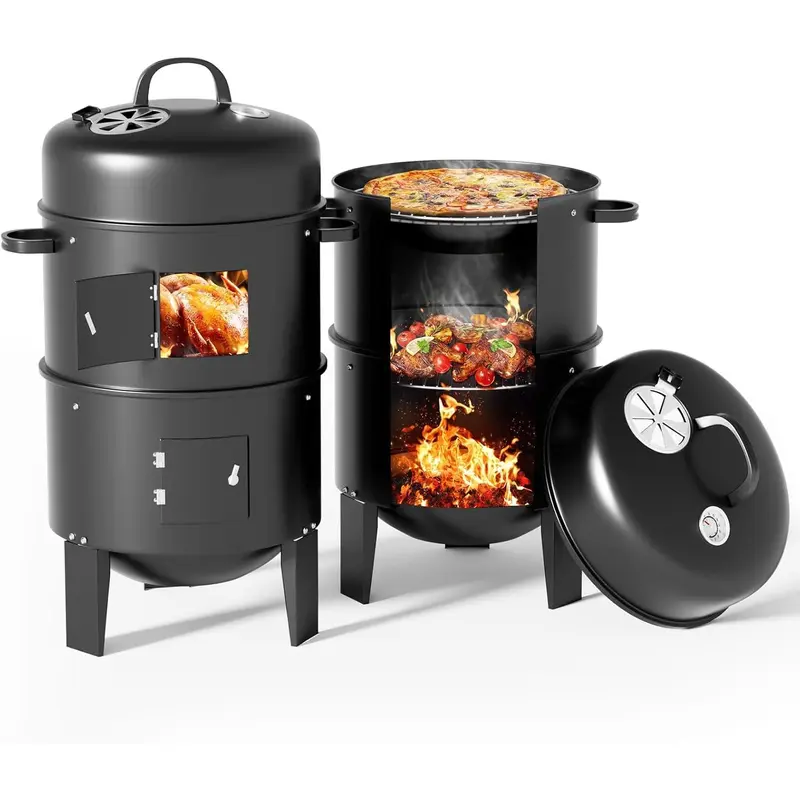 Warmiehomy Round Smoker BBQ Charcoal Barbecues with Temperature Gauge BBQ Charcoal Grill 2 Tier Outdoor for Party Camping, Black Black-1 0