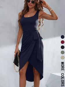 Women's Plain Knot Side Tank Dress, Elegant Wrap Sleeveless Midi Dress for Summer, Ladies Clothes for Daily Wear