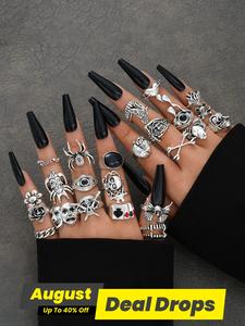 Punk Gothic Style Halloween Themed Ring Set, 24pcs/set Fashionable Skull & Spider Design Rings for Women & Men, Trendy All-match & Exquisite Jewelry for Birthday Gift