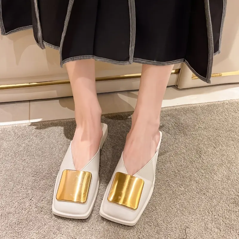 [Golden Accent Mule Shoes Square] Elegant Black Slip-On Mules with Golden Metallic Accent - Comfortable Low Heel, Square Toe Design, Faux Cover, Non-Slip Rubber Sole for All-Season Wear, Mule Shoes 5