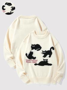 Men's Cartoon Cat Print Drop Shoulder Sweater Pullover, Regular Fit Casual Soft Comfy Long Sleeve Round Neck Pullover for Fall & Winter, Men's Clothes for Daily Wear