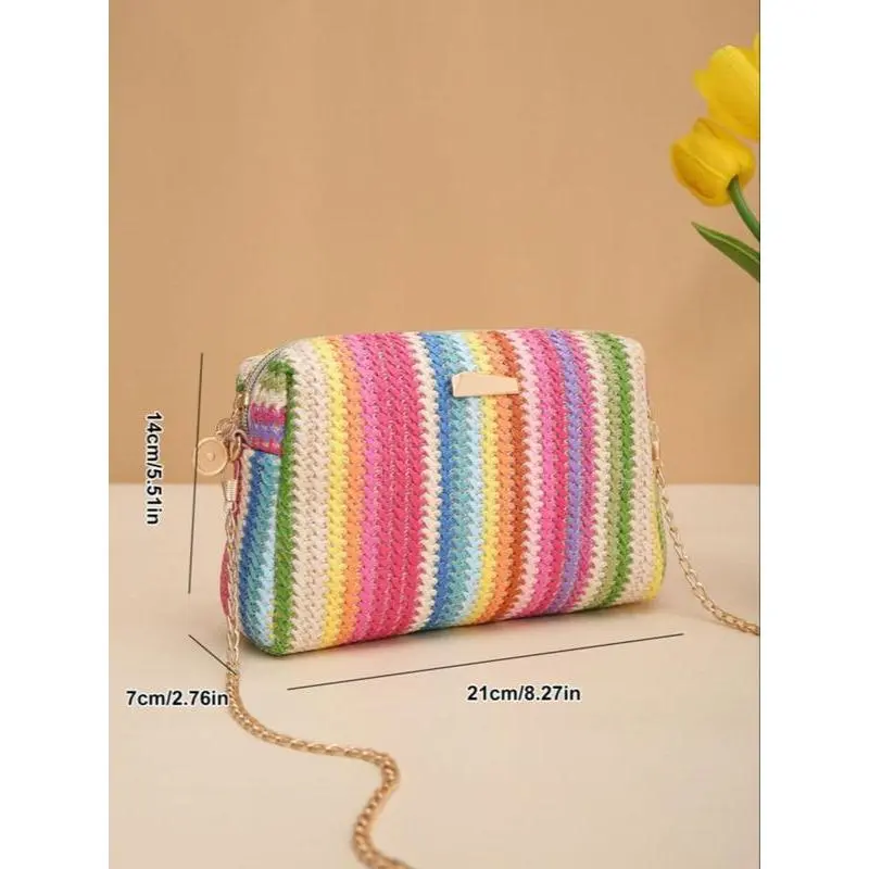 Summer 2024 Colorful Straw Woven Crossbody Bag, Casual Trendy Shoulder Bag, Boho Style Chain Bags for Women, Fashion All-match Square Bag for Beach Vacation 1
