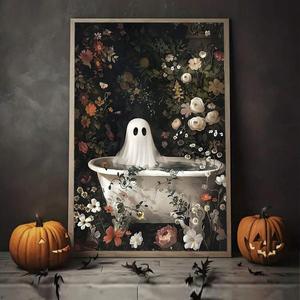 Halloween Bathroom Ghost Pattern Unframed Canvas Painting, 1 Count Modern Style Wall Art, Wall Decor for Home Living Room Bedroom Office School