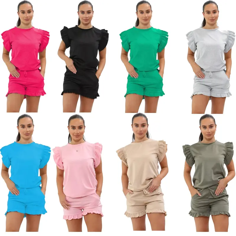 Ladies Women’s 2 Piece Co-ord Set – Summer Frill Peplum Short Sleeve Top & Matching Shorts Lounge Tracksuit – Casual Loungewear Outfit for Ladies – Stylish & Comfortable UK Fashion Set 0