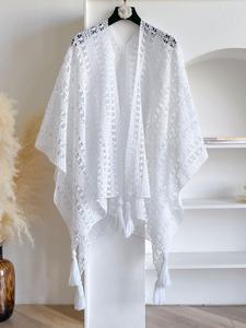 Women's Solid Color Lace Trim Poncho Cape, Casual Soft Comfortable Shawl for Daily Wear, Fashion White Clothing Accessories for All Seasons, Clothes