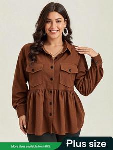 【Plus Size】Flap Pocket Ruffle Hem Button Front Shirt, Casual Long Sleeve Collared Peplum Top for Fall & Winter, Women's Clothes for Daily Wear, Longsleeves Womenswear