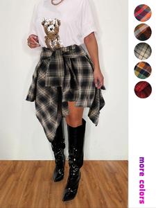Women's Plaid Print Asymmetrical Hem Skirt, Casual Fashion Tie Front A Line Skirt for Daily Wear, Ladies Summer Clothes