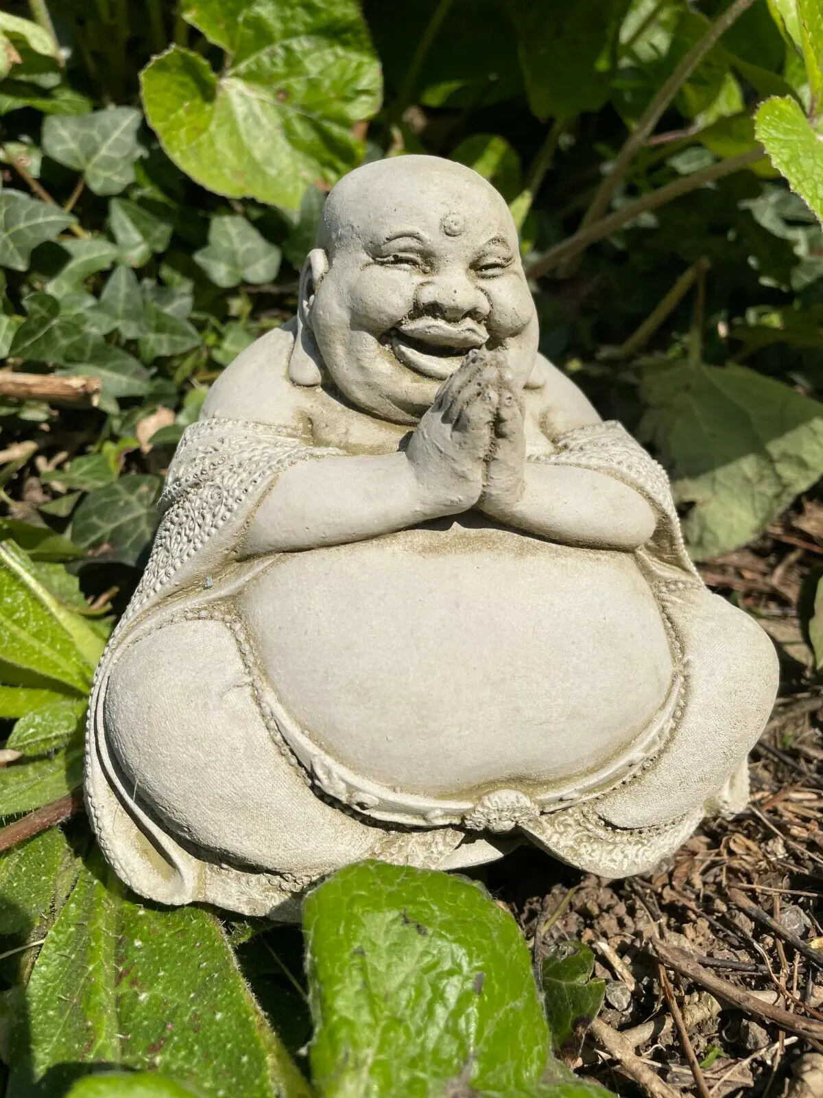 Round Buddha C Stone Statue | Vintage Oriental Monk Garden Outdoor Ornament
