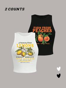 Women's Letter & Lemon Print Round Neck Tank Top, Casual Slim Sleeveless Crewneck Top for Summer, Ladies Clothes for Daily Wear, Tanktop, Vest, Breathable Sleeveless Tops, Casual Tank Tops, Sleeveless Sport Tank, Sleeveless Muscle T