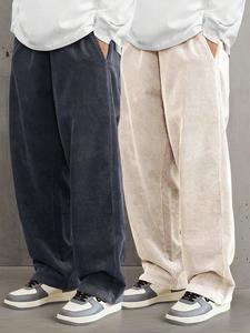 Men's Solid Textured Corduroy Pants, Casual Comfy Drawstring Waist Straight Leg Trousers for Fall & Winter, Men's Bottoms for Daily Wear