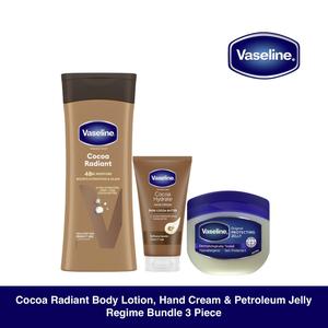 Vaseline Cocoa Radiant Body Lotion, Cocoa Hydrate Hand Cream & Petroleum Jelly Regime Bundle 3 Piece Intensive Moisturizer