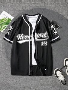 Men's Letter Print Short Sleeve Baseball Jersey, Regular Fit Casual Street Open Front Outerwear for Summer, Men's Clothes for Daily Wear