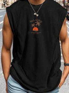 【Plus Size】 Men's Palm Tree Print Tank Top, Regular Fit Casual Sleeveless Round Neck Top for Summer, Men's Clothes for Daily Wear, Vests