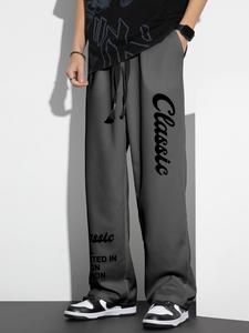 Men's Letter Print Pocket Drawstring Waist Pants, Casual Knitting Straight Leg Pants, Men's Trousers for Spring & Fall, Trendy Sporty Men Clothes Drippy Outfits, Going Out Outfit