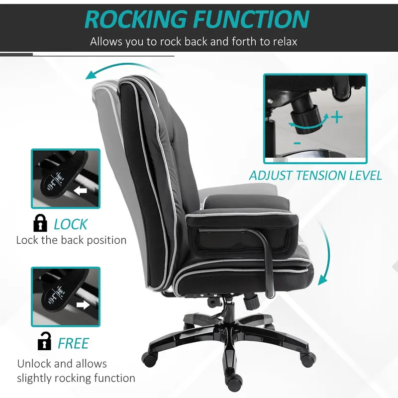 Vinsetto Piped PU Leather Padded High-Back Computer Office Gaming Chair Swivel Desk Seat Ergonomic Recliner w/ Armrests Adjustable Seat Height Black 5