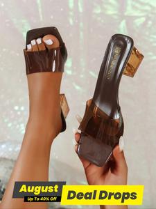 Women's Beach Elegant Transparent Square Toe High Heel Sandals, Fashionable Summer Slip on Brown High Heeled Sandals for Party, Daily Clothing Decor for Women & Girls, Stylish Elegant Sandals, Footwear, Shoe