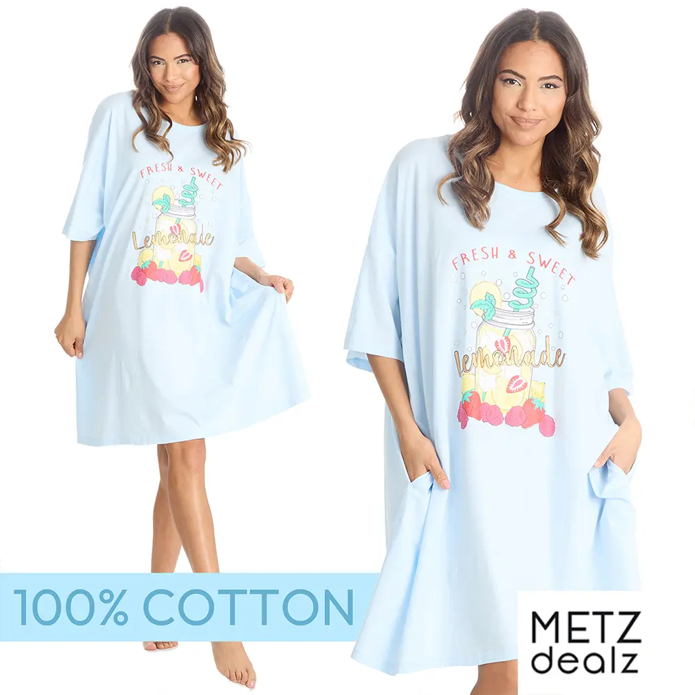 Ladies Oversized Nightdress Loose Fit Nightie 100% Cotton Nightshirt Tee Pyjama T-shirt Green One Size - Lemonade Blue