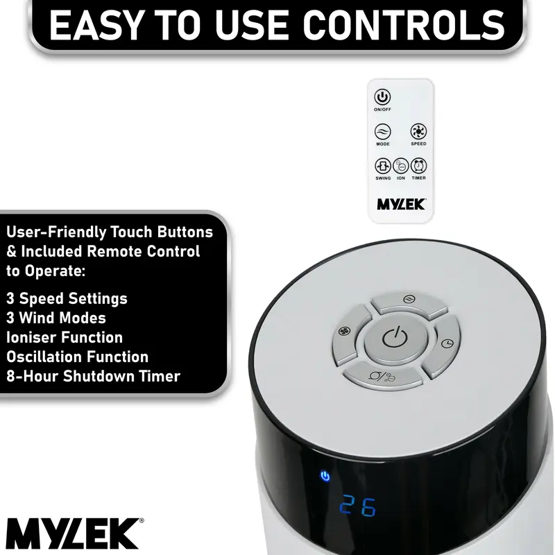MYLEK Tower Fan 34 Inch Oscillating Slim Floor Standing Cool Air Circulator, Remote Control, Timer, Ioniser, Quiet, 3 Cooling Settings, Temp Display, Bedroom, Home Or Office (White Or Black Version) 5
