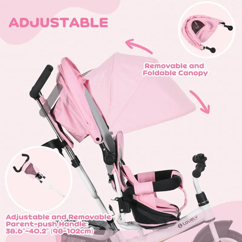 HOMCOM 4 in 1 Kids Trike Push Bike w/ Push Handle, Canopy, 5-point Safety Belt, Storage, Footrest, Brake, for 1-5 Years, Pink | Aosom UK 4