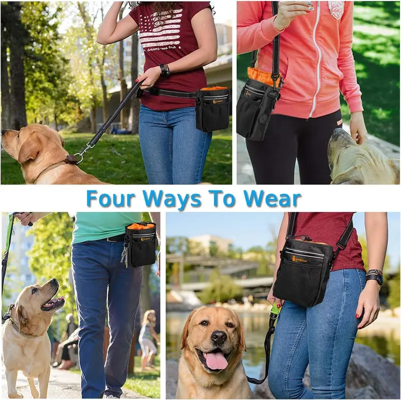 Dog Treat Pouch Bag with Poop Bag Holder, Waterproof Puppy Training Walking Bag W/Shoulder Strap, Waist Belt and Clip, Easily Carrying Dog Toys, Food 2