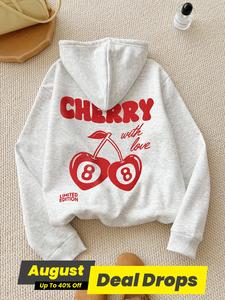 Women's Cherry & Letter Print Longsleeves Drop Shoulder Hoodie, Lady Trendy Fashion Casual Drawstring Pocket Loose Hooded Sweatshirt for Holiday Outdoor Wear, Cherry Hoodie, Yoga Hoodie, Women Clothing, Womenswear, Tops, Graphic Team Hoodie