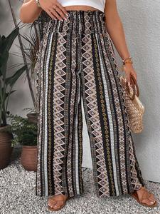 Plus Size Ethnic Pattern Frill Trim Shirred Wide Leg Pants, Boho Casual High Waist Straight Leg Trousers for Daily Holiday Vacation Wear, Women's Bottoms for Summer
