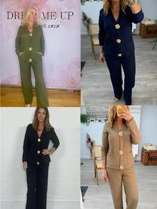 Findfashion Cheesecloth Long Sleeve Gold Buttoned Top and Trousers Co-Ord Set For Ladies