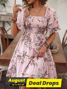 Women's Floral Print Ruffle Hem Shirred A Line Dress, Casual Breathable Boho Romantic Flounce Sleeve Square Neck Short Dress for Beach Vacation, Ladies Summer Clothes, Feminine Backless Floral Dress