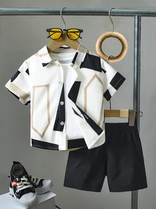 Two-Piece Set Boy's All Over Print Button Front Shirt & Plain Elastic Waist Shorts Set, Casual Short Sleeve Collared Top & Shorts, Kids Summer Clothes for Daily Wear