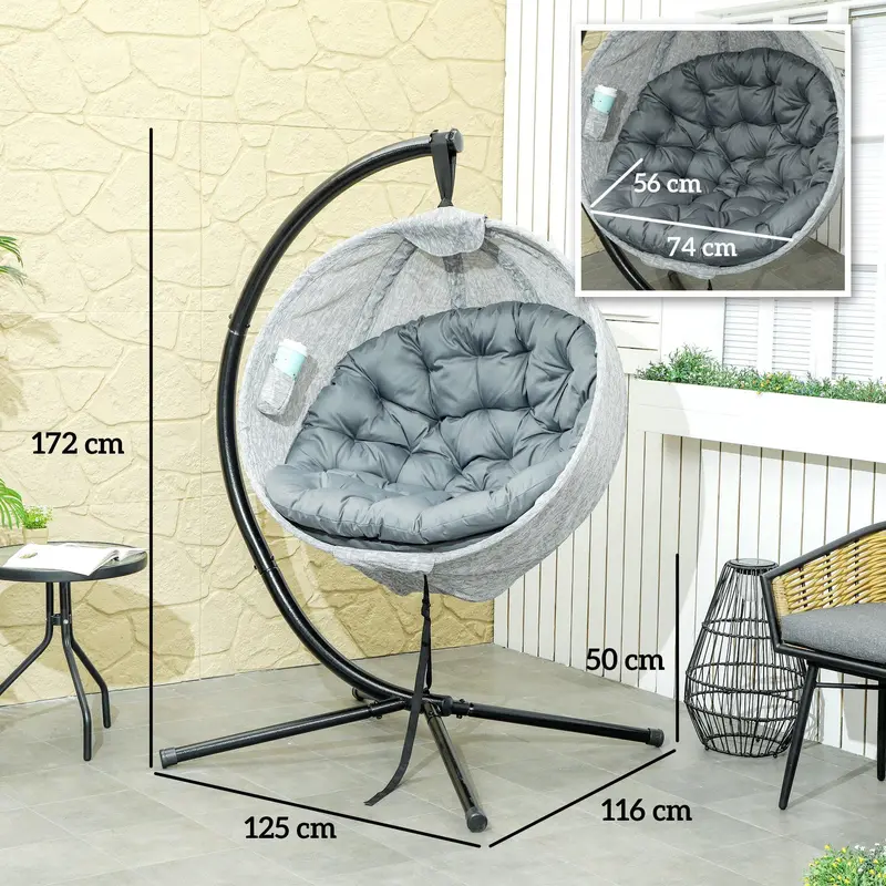 Grey Hanging Egg Chair with Stand Thick Cushion and Cup Holder for Garden or Balcony by Outsunny 2
