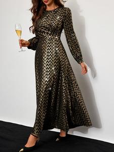 Women's Chevron Hot Stamping A Line Dress, Elegant Long Sleeve Dress for Party Holiday Wedding Guest, Ladies Clothes for Spring & Fall, Womenswear