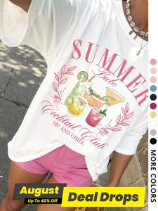 Women's Letter & Drink Print Round Neck Tee, Casual Short Sleeve Crew Neck T-Shirt for Summer, Fashion Women's Top for Daily Wear, Streetwear Tshirt