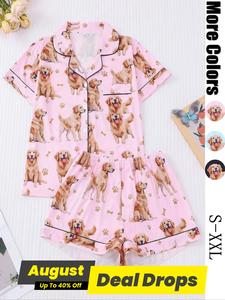 Women's Dog Print Shirt & Elastic Waist Shorts Pyjama Two-piece Set, Casual Comfy Short Sleeve Top & Shorts Pj Set, Ladies Sleepwear for All Seasons