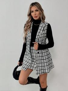 Women's Plaid Button Front Printvest & Skirt Set, Elegant Fashion Casual Two-piece Outfits for Daily Outdoor Wear, Ladies Clothes for All Seasons