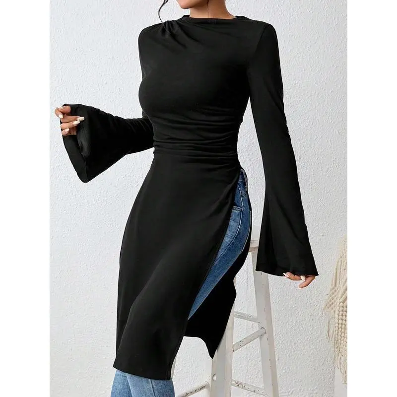 Women's Plain Ruched Flounce Sleeve Dress, Elegant Long Sleeve Round Neck Dress for Party Holiday Wedding Guest, Ladies Clothes for All Seasons 5