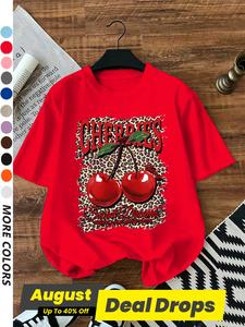 Women's Cherry & Letter Print Round Neck Tee, Fashion Casual Crew Neck T-shirt for Daily Holiday Vacation Outdoor Wear, Ladies Clothes for Summer, Top, Tshirts for Women, Streetwear, Baggy Womenswear