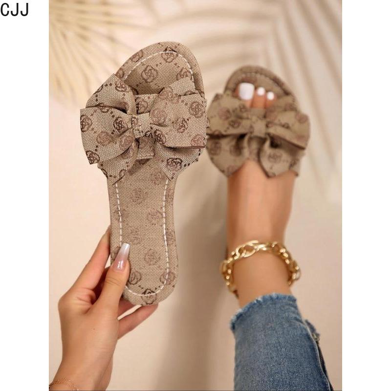 Women's Floral Pattern Bow Decor Slip on Sandals, Casual Comfortable Flat Sandals for Summer, Back To School Slippers, Designer Slides Shoes for Daily, Girl Footwear, Walking, Going Out Outfits Trending Shoes 0