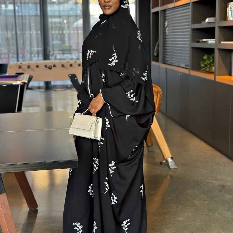 ABAYATOPIA Gulnaaz Black Embroidered Closed Butterfly Abaya with Internal Belt and Matching Hijab 3